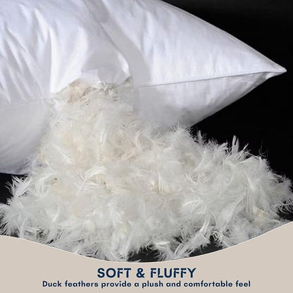 White duck feather pillow with visible feathers and text 'SOFT & FLUFFY' on a black background.
