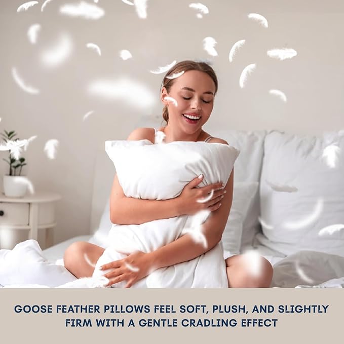 Woman holding a goose feather pillow with text about its softness and plushness.