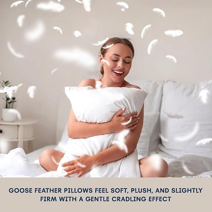 Woman holding a goose feather pillow with text about its softness and plushness.