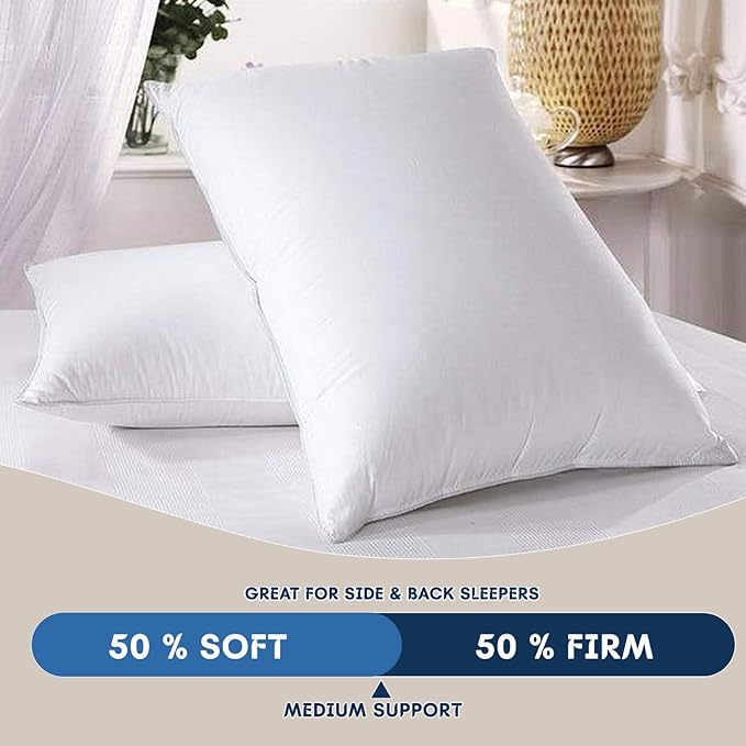 White pillow on a bed with text indicating softness and firmness support 