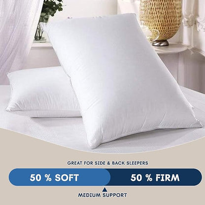 White pillow on a bed with text indicating softness and firmness support 