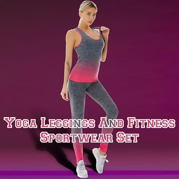 Woman wearing a yoga leggings and fitness sportswear set on a purple background