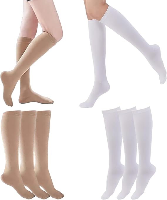 Beige and white knee-high socks displayed on a white background