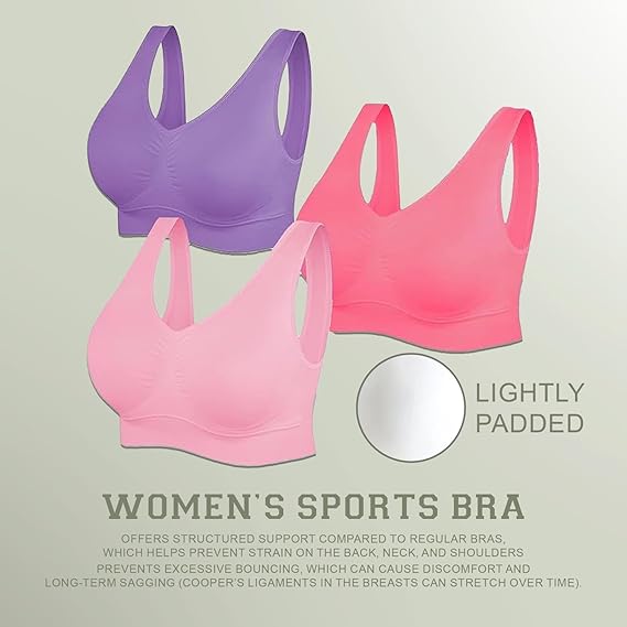 Three women's sports bras in purple, pink, and light pink on a light gray background.