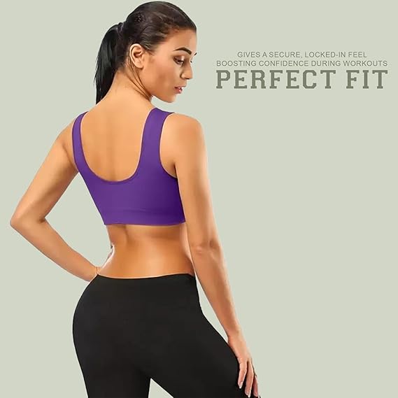 Woman wearing a purple sports bra and black leggings on a light gray background with text about perfect fit.