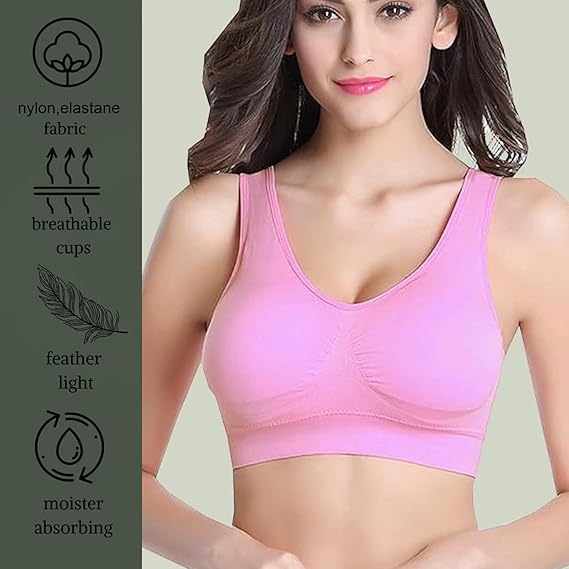 Woman wearing a pink sports bra with fabric and feature icons on the left.