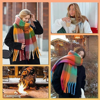Collage of a person wearing a colorful scarf in various settings.