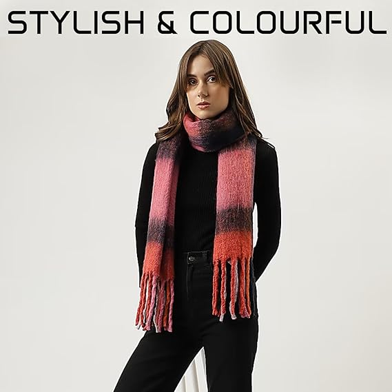 Woman wearing a colorful scarf with text 'STYLISH & COLOURFUL' on a white background