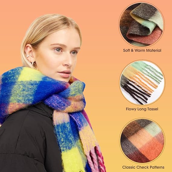 Woman wearing a colorful scarf with close-up details on a peach background