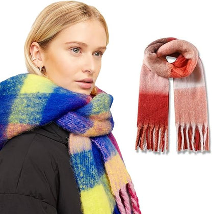 Woman wearing a colorful scarf with a close-up of a red and pink striped scarf.