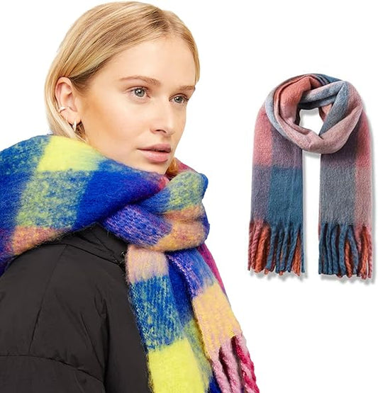 Woman wearing a colorful scarf with a close-up of another scarf on a white background